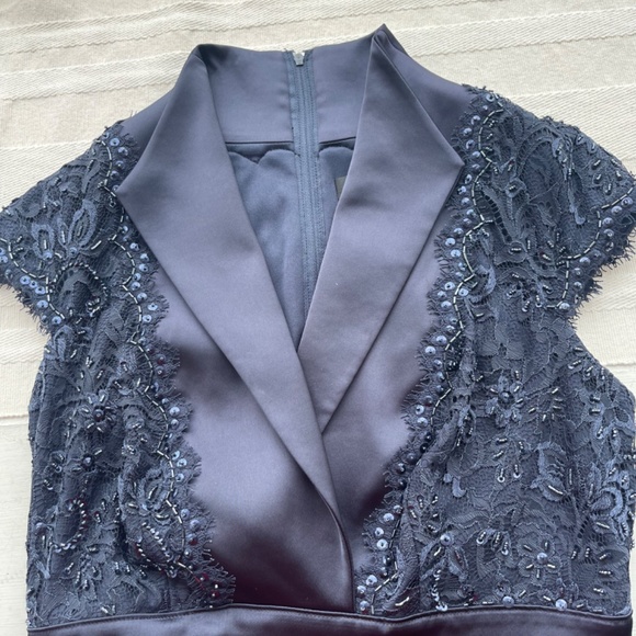 Beautiful Navy Dress with Cap Sleeves and Beaded Lace Bodice - Picture 8 of 12